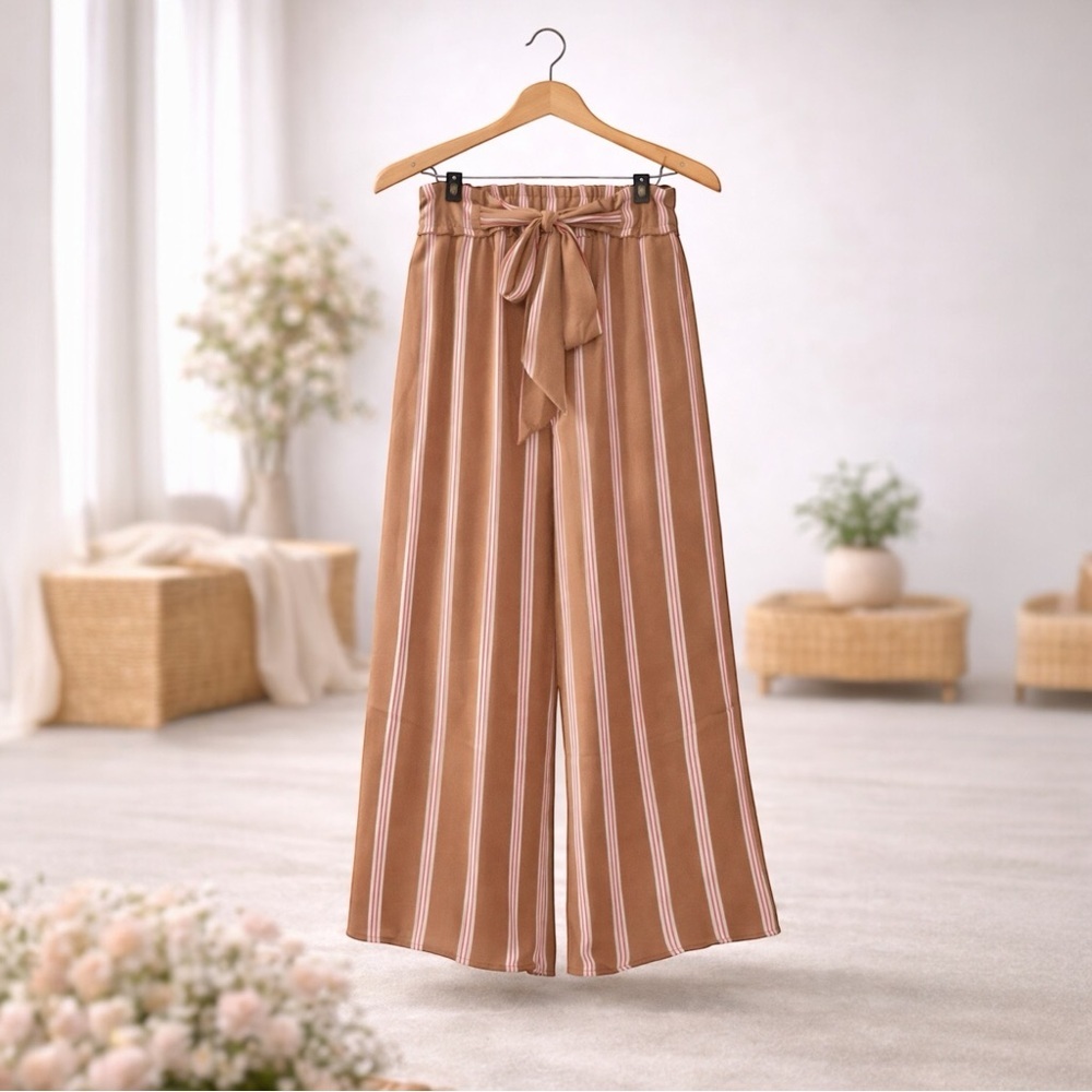 Illa Illa Brown Striped Paperbag Waist Wide Leg Pants Size M